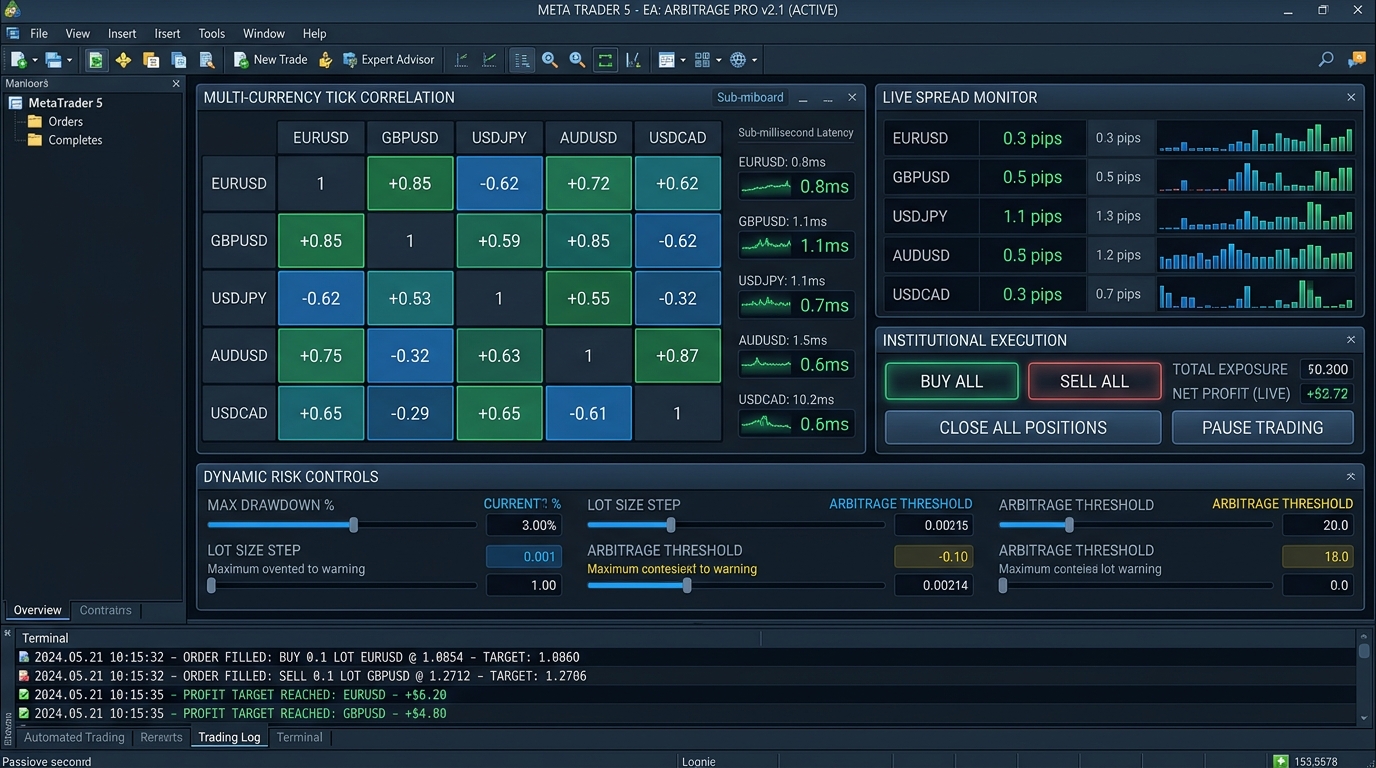 Multi-symbol arbitrage EA (MT5) interface & workflow preview