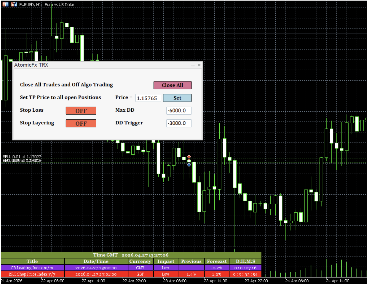 MT5 trading panel with Forex Factory news filter and drawdown protection interface & workflow preview